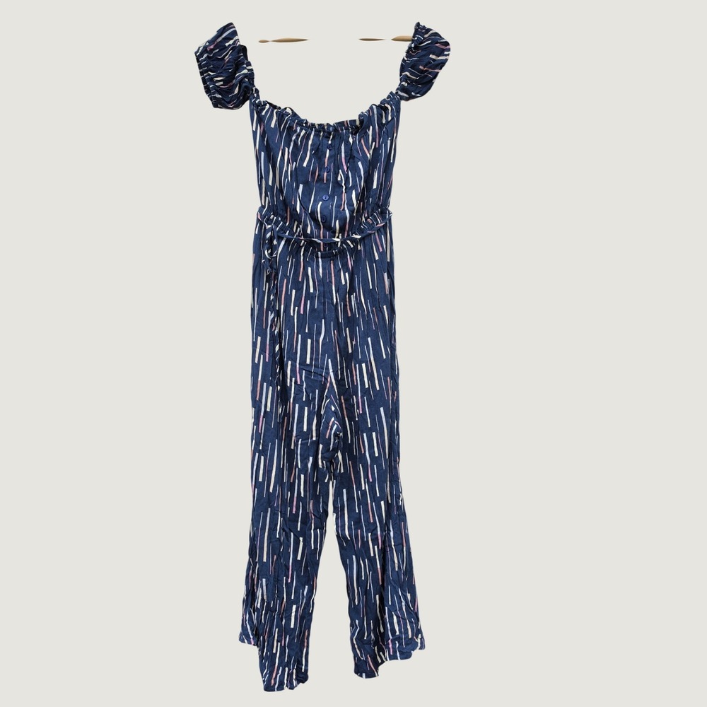 Lulus Navy Blue Abstract Stripe Off Shoulder Jumpsuit Medium Puff Sleeve Boho - Picture 8 of 8